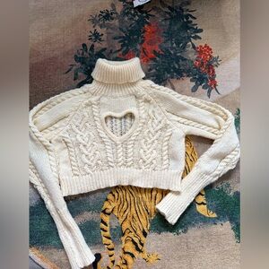 Cream Cable-Knit Turtleneck Sweater with Heart Cutout